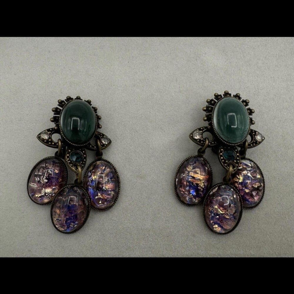 JL Blin Paris Vintage Glass Rhinestone Dangle Clip Earrings Green Purple